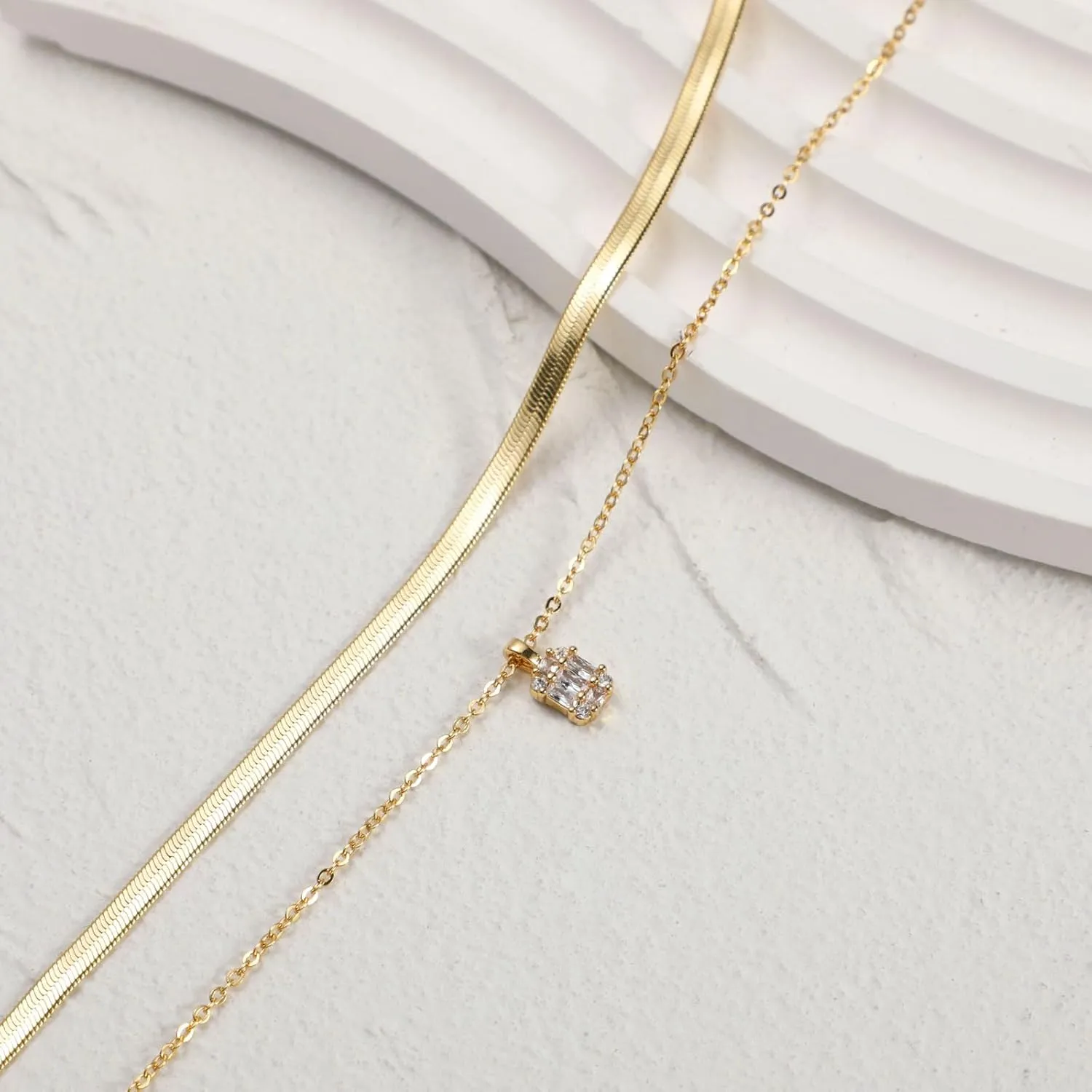 Gold Layered Necklace for Woman 14K Real Gold Silver Necklace Set Dainty Herringbone Necklace Trendy Choker Necklace Zirconia Pendant Gold Jewelry for Woman Gift
