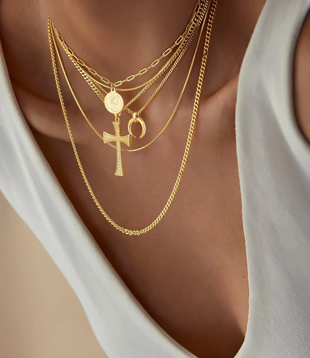 Gold Layered Necklace for Women, 14K Gold Plated Coin Cross Pendant Necklace Chunky Chain Choker Gold Layering Necklaces for Women