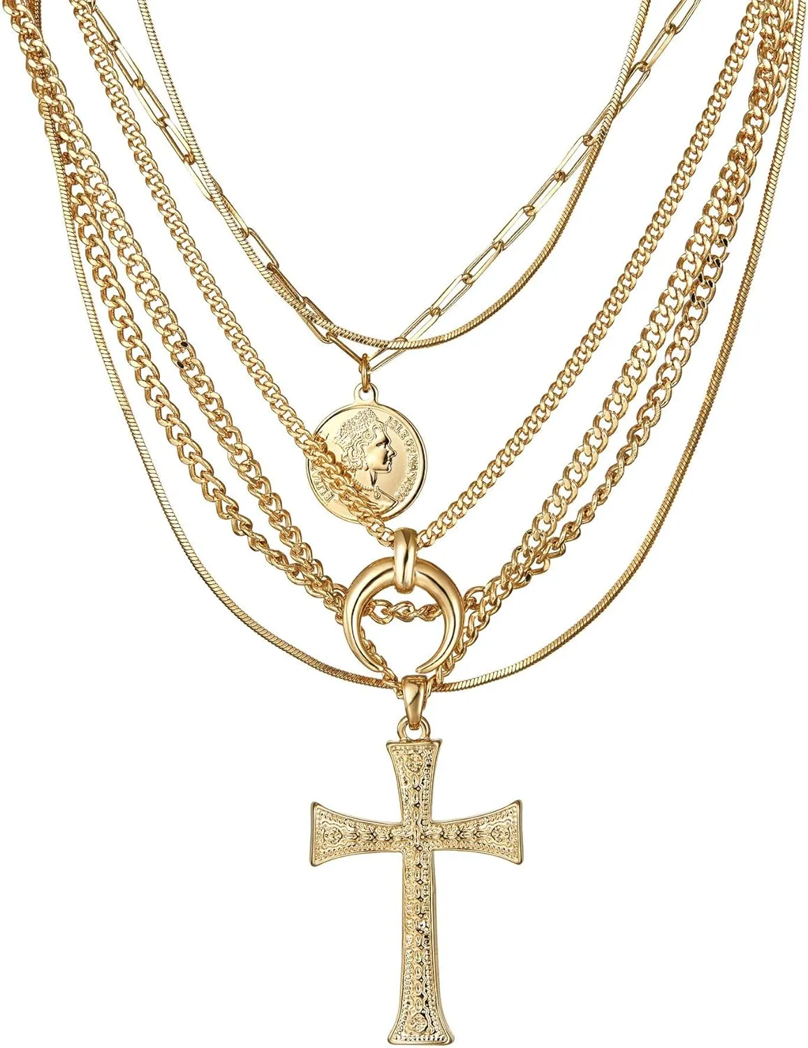 Gold Layered Necklace for Women, 14K Gold Plated Coin Cross Pendant Necklace Chunky Chain Choker Gold Layering Necklaces for Women