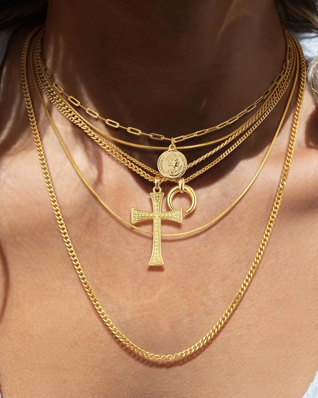 Gold Layered Necklace for Women, 14K Gold Plated Coin Cross Pendant Necklace Chunky Chain Choker Gold Layering Necklaces for Women