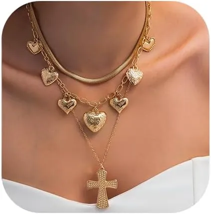 Gold Layered Necklace for Women Heart Cross Flower Pendant Statement Necklace Stacking Chain Choker Ocean Boho Jewelry