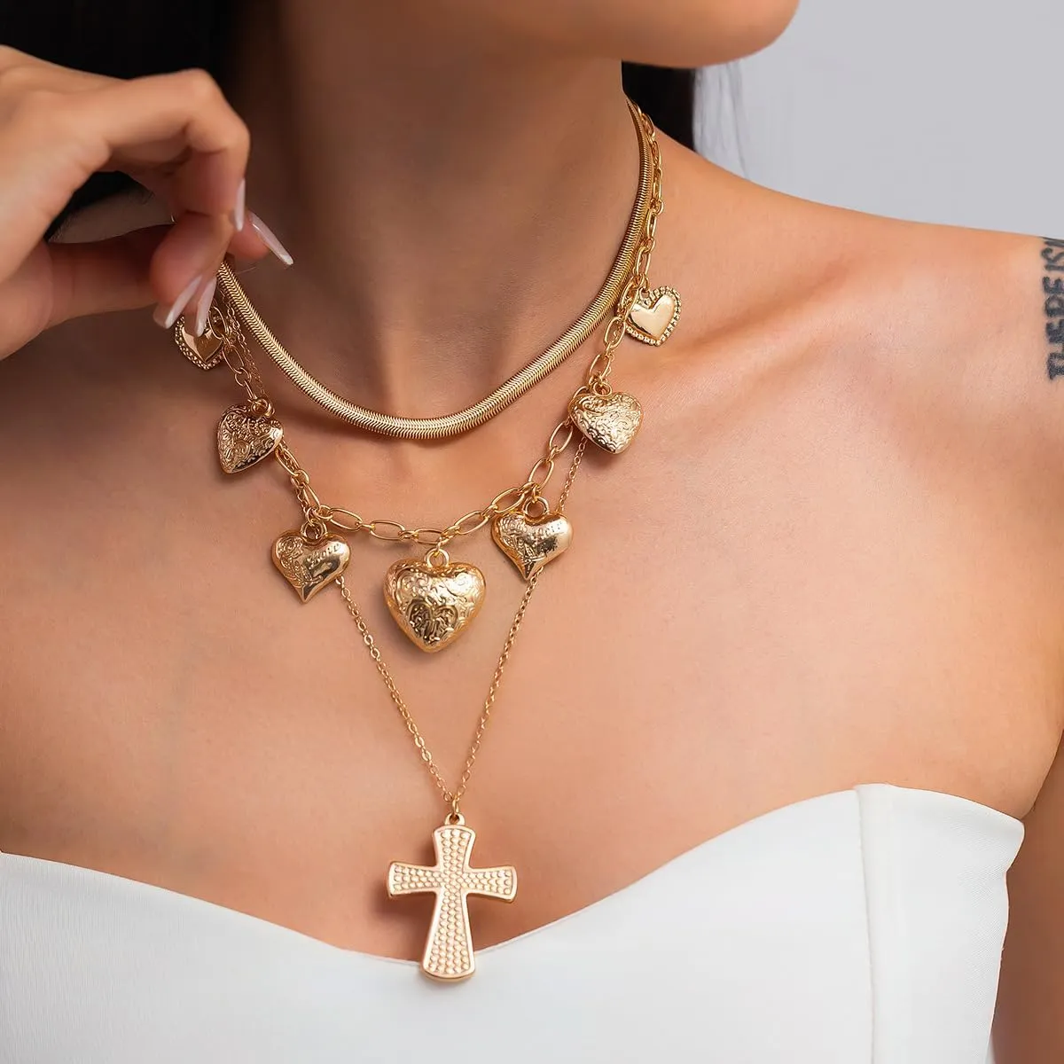 Gold Layered Necklace for Women Heart Cross Flower Pendant Statement Necklace Stacking Chain Choker Ocean Boho Jewelry