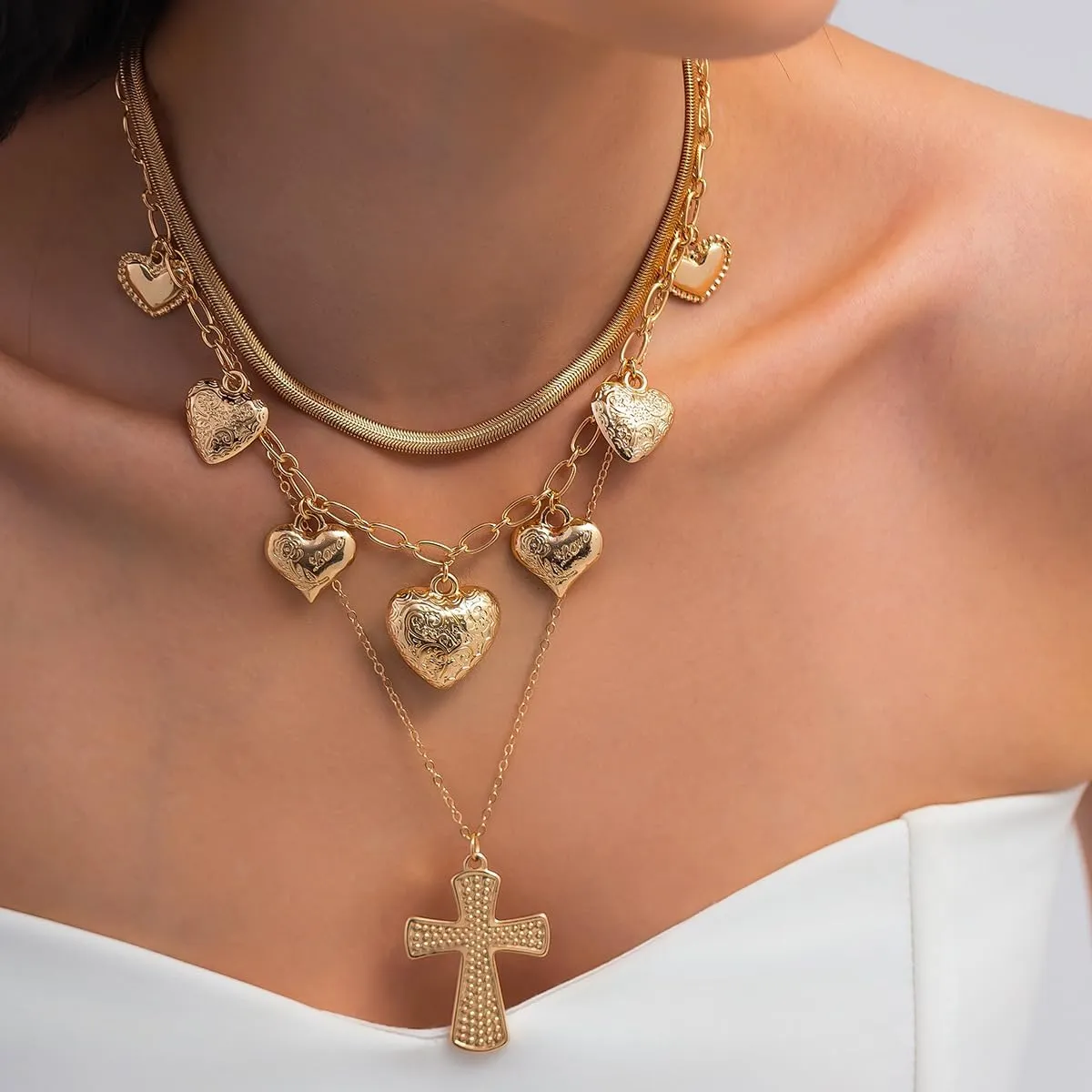 Gold Layered Necklace for Women Heart Cross Flower Pendant Statement Necklace Stacking Chain Choker Ocean Boho Jewelry