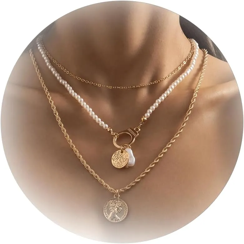Gold Layered Necklace for Women Pearl Choker Necklace Gold Chain Necklace Gold Layered Choker Necklace Jewelry Gift
