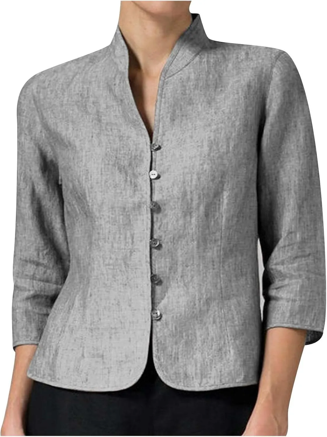 HGps8w Women's Linen Shirts Retro Mandarin Collar Chinese Frog Button 3/4 Sleeve Button Down Blouse Tops