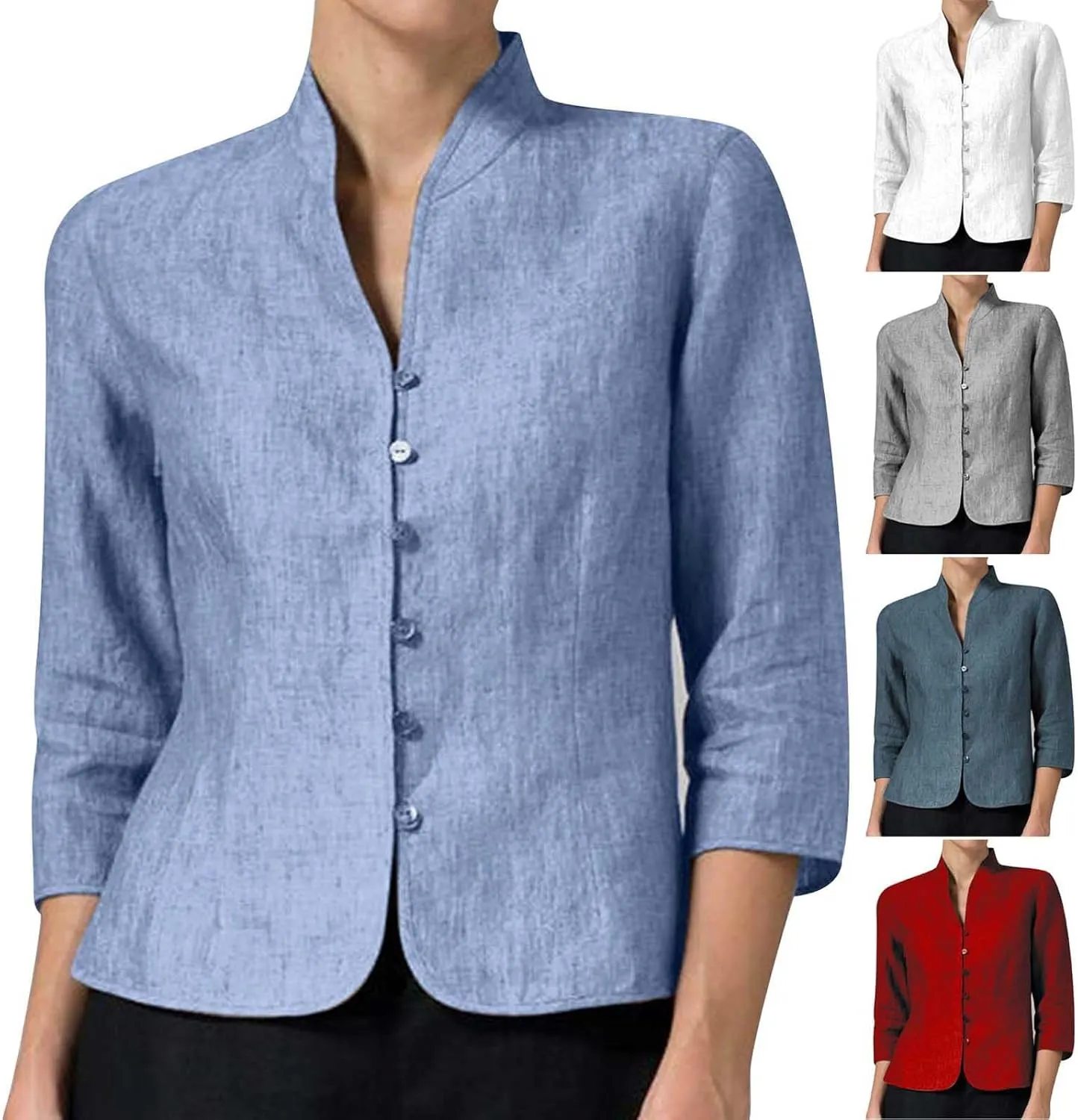 HGps8w Women's Linen Shirts Retro Mandarin Collar Chinese Frog Button 3/4 Sleeve Button Down Blouse Tops