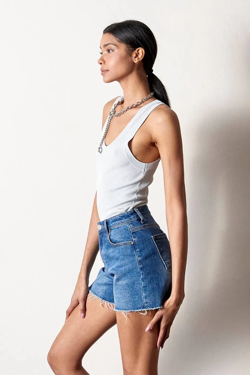 High Rise Trim Midi Stretch Denim Shorts