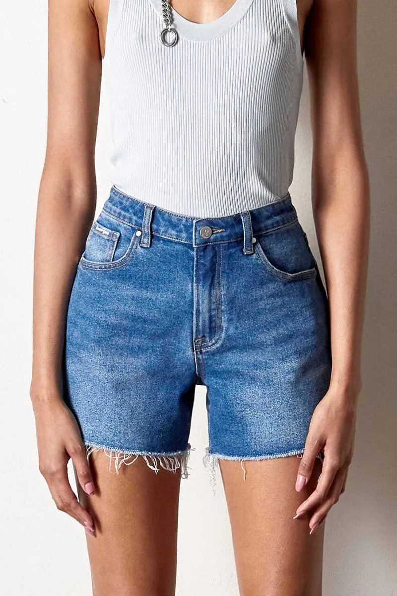 High Rise Trim Midi Stretch Denim Shorts