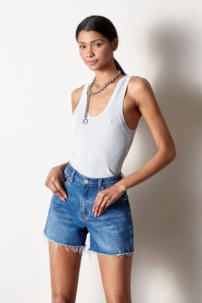 High Rise Trim Midi Stretch Denim Shorts