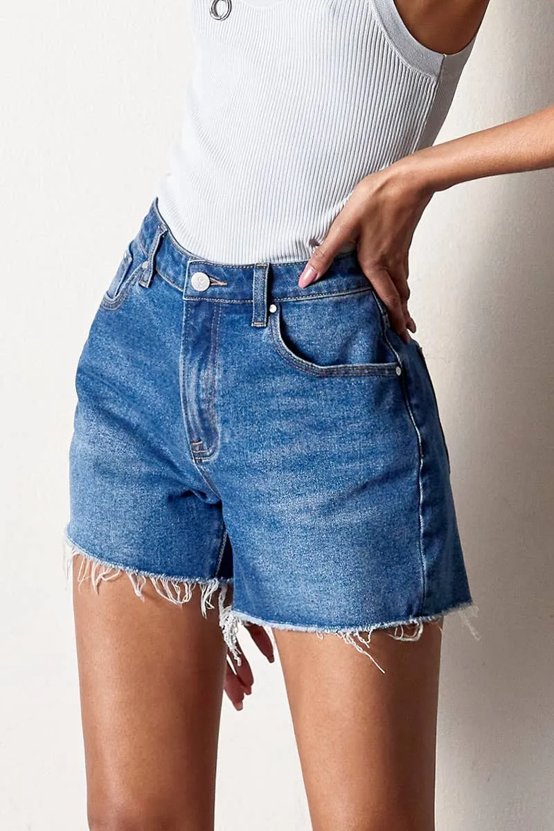 High Rise Trim Midi Stretch Denim Shorts
