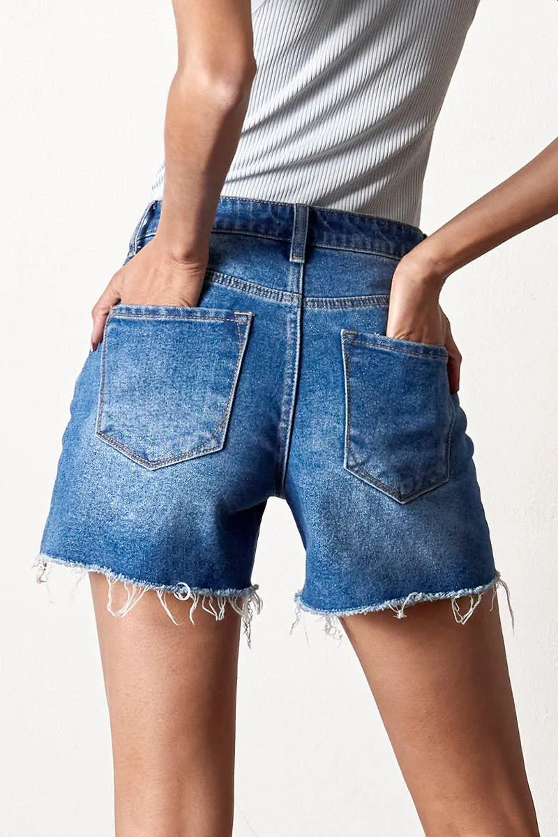 High Rise Trim Midi Stretch Denim Shorts