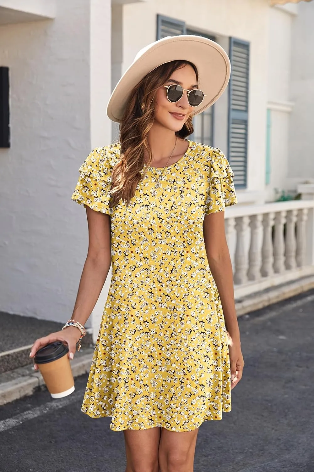 Hount Women's Summer Dresses 2025 Ruffle Sleeve Sundresses Casual Beach Mini Dresses with Pockets