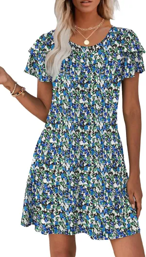 Hount Women's Summer Dresses 2025 Ruffle Sleeve Sundresses Casual Beach Mini Dresses with Pockets
