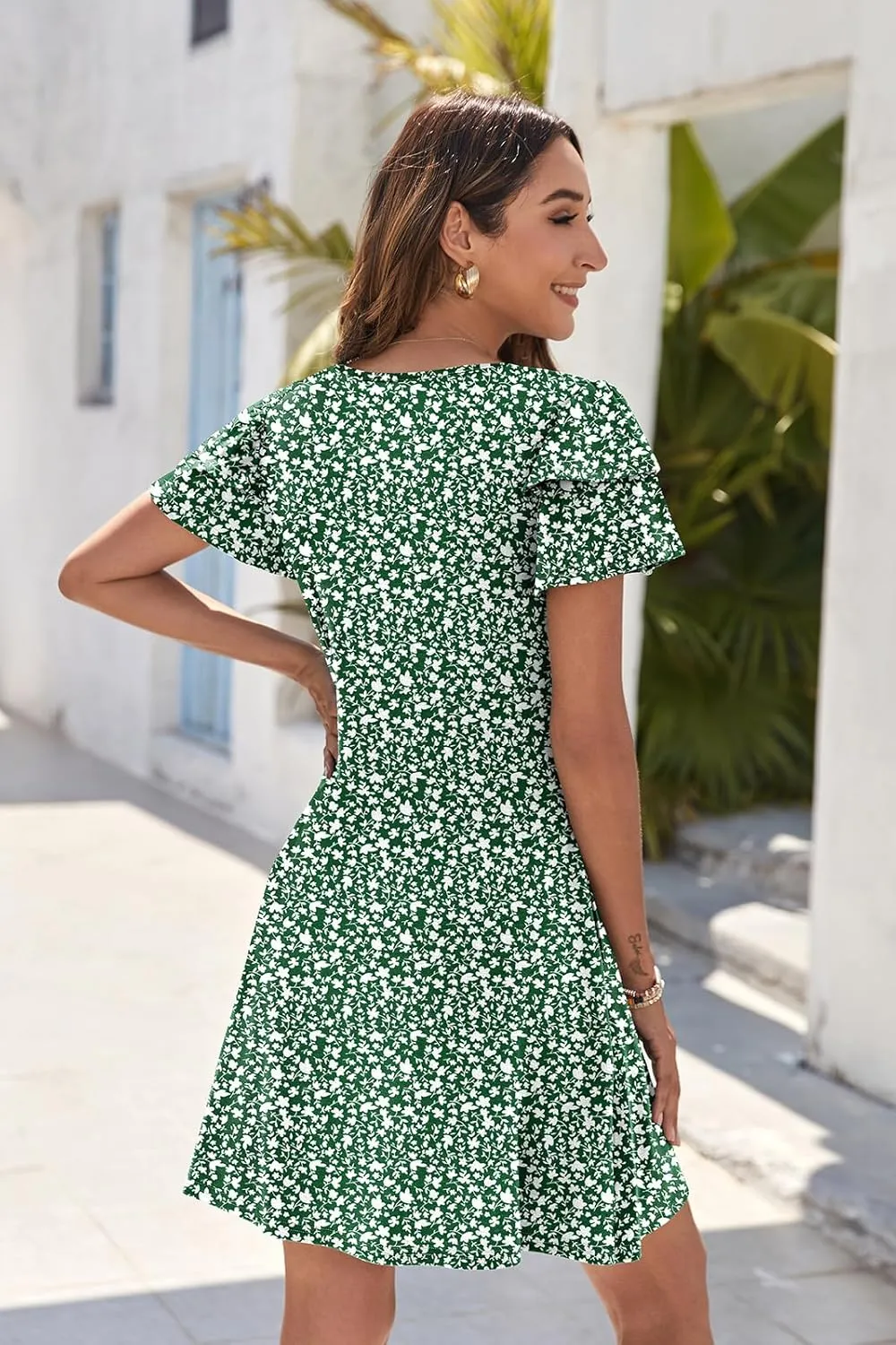 Hount Women's Summer Dresses 2025 Ruffle Sleeve Sundresses Casual Beach Mini Dresses with Pockets