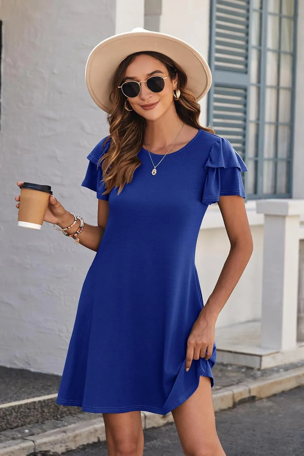 Hount Women's Summer Dresses 2025 Ruffle Sleeve Sundresses Casual Beach Mini Dresses with Pockets