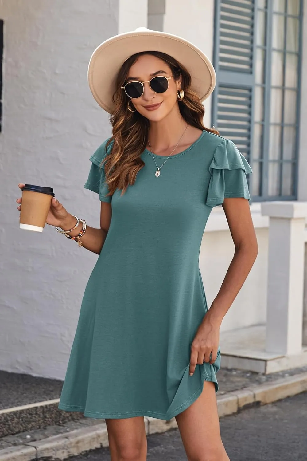 Hount Women's Summer Dresses 2025 Ruffle Sleeve Sundresses Casual Beach Mini Dresses with Pockets