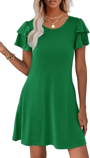 Hount Women's Summer Dresses 2025 Ruffle Sleeve Sundresses Casual Beach Mini Dresses with Pockets
