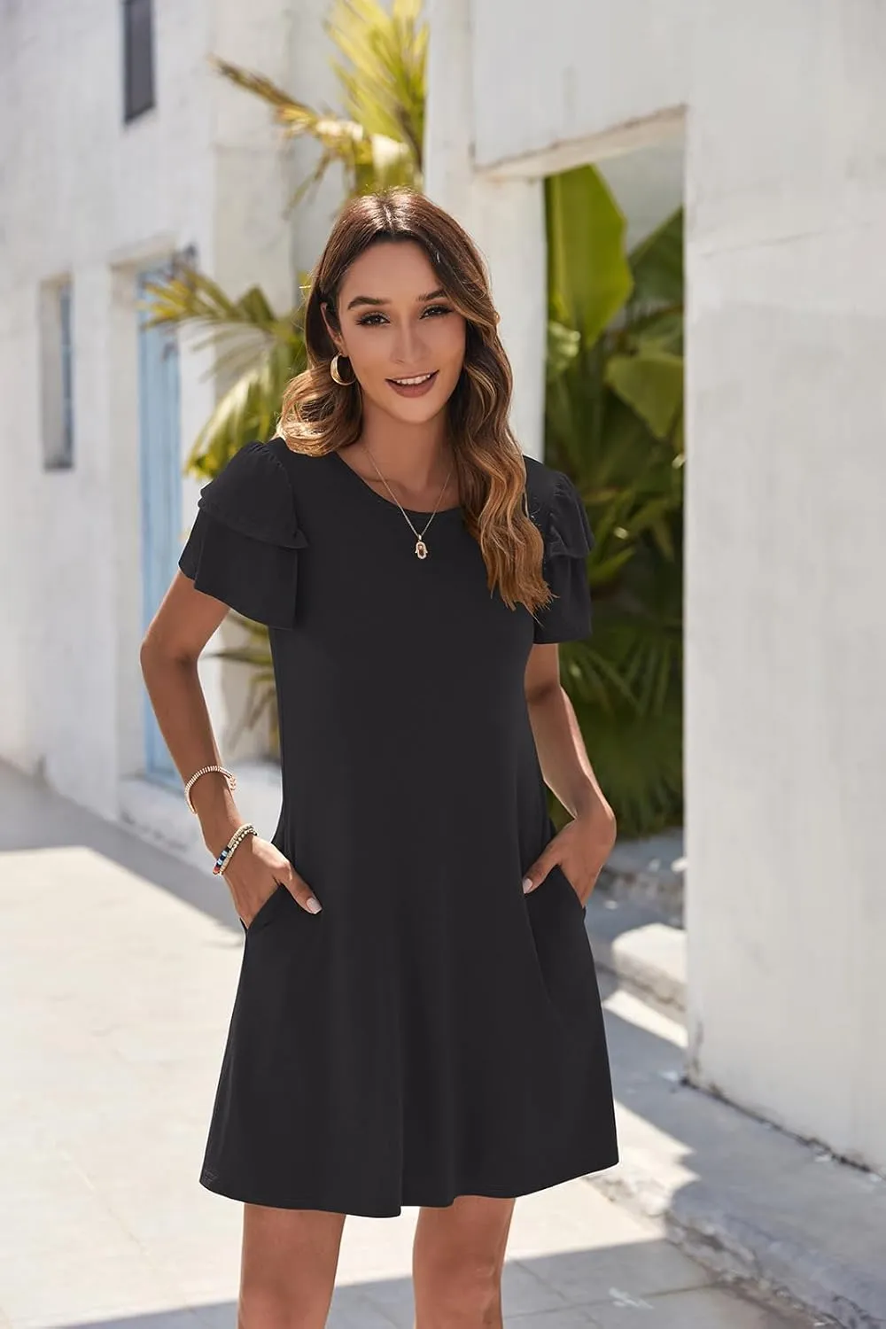 Hount Women's Summer Dresses 2025 Ruffle Sleeve Sundresses Casual Beach Mini Dresses with Pockets