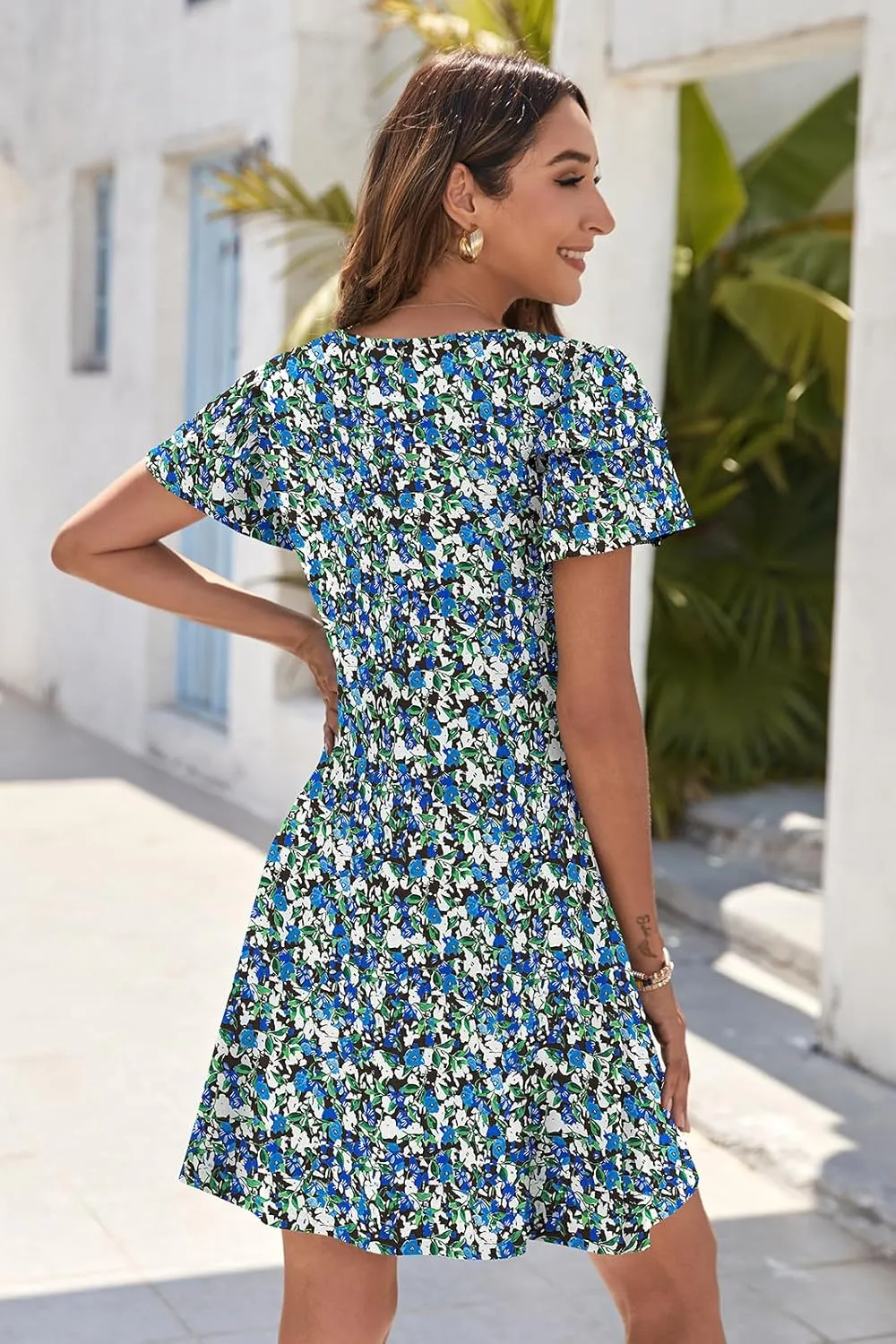 Hount Women's Summer Dresses 2025 Ruffle Sleeve Sundresses Casual Beach Mini Dresses with Pockets