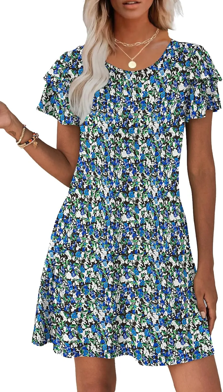 Hount Women's Summer Dresses 2025 Ruffle Sleeve Sundresses Casual Beach Mini Dresses with Pockets