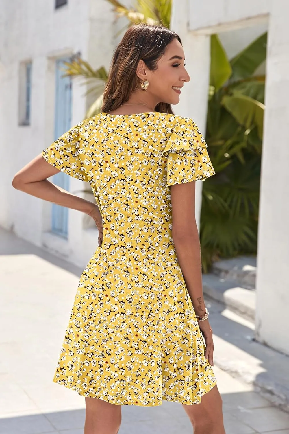 Hount Women's Summer Dresses 2025 Ruffle Sleeve Sundresses Casual Beach Mini Dresses with Pockets