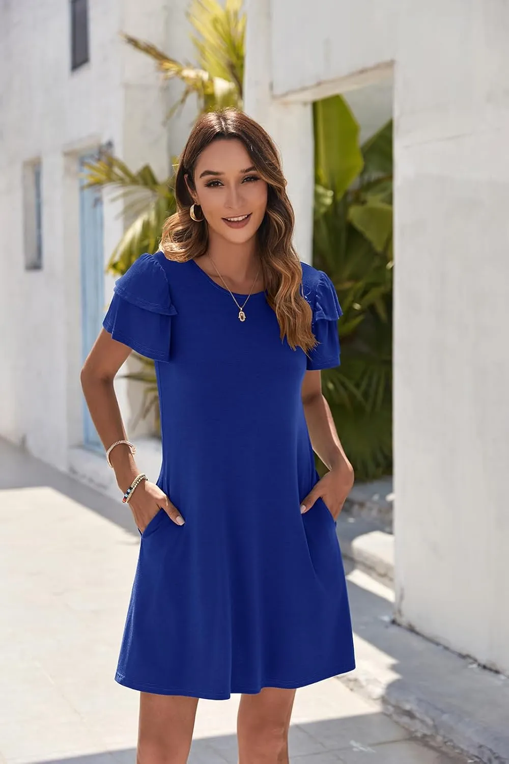 Hount Women's Summer Dresses 2025 Ruffle Sleeve Sundresses Casual Beach Mini Dresses with Pockets