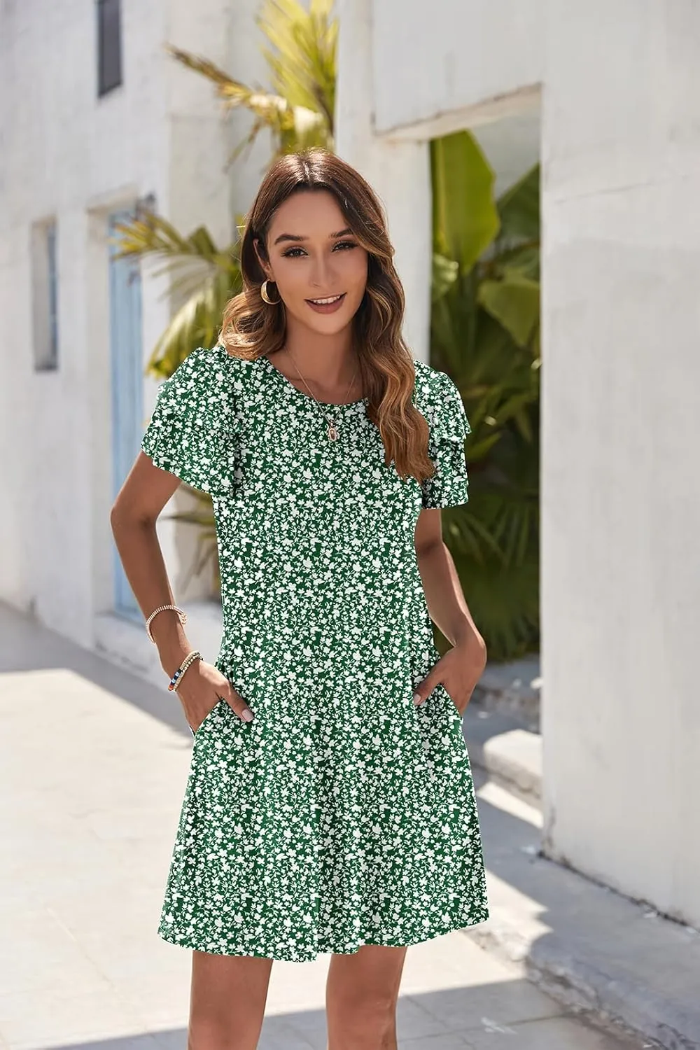 Hount Women's Summer Dresses 2025 Ruffle Sleeve Sundresses Casual Beach Mini Dresses with Pockets