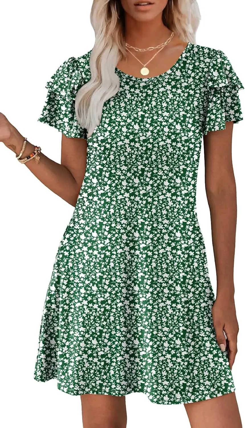 Hount Women's Summer Dresses 2025 Ruffle Sleeve Sundresses Casual Beach Mini Dresses with Pockets