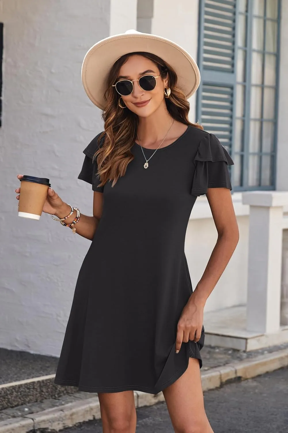 Hount Women's Summer Dresses 2025 Ruffle Sleeve Sundresses Casual Beach Mini Dresses with Pockets