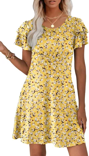 Hount Women's Summer Dresses 2025 Ruffle Sleeve Sundresses Casual Beach Mini Dresses with Pockets