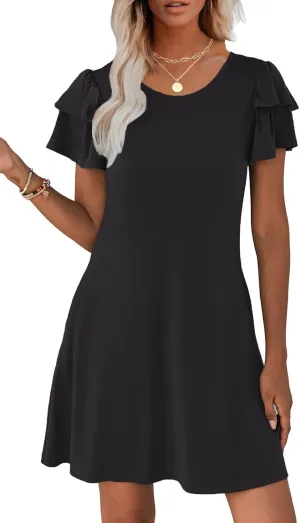 Hount Women's Summer Dresses 2025 Ruffle Sleeve Sundresses Casual Beach Mini Dresses with Pockets