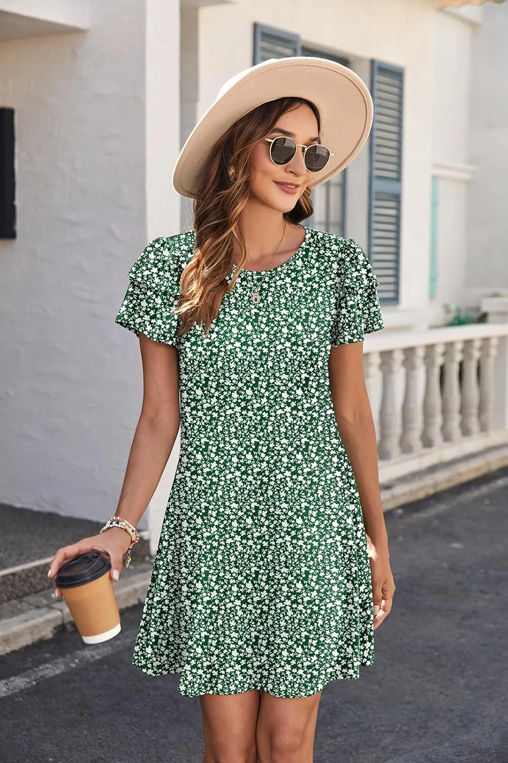 Hount Women's Summer Dresses 2025 Ruffle Sleeve Sundresses Casual Beach Mini Dresses with Pockets