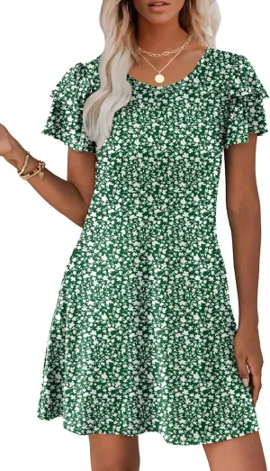 Hount Women's Summer Dresses 2025 Ruffle Sleeve Sundresses Casual Beach Mini Dresses with Pockets