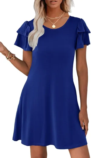 Hount Women's Summer Dresses 2025 Ruffle Sleeve Sundresses Casual Beach Mini Dresses with Pockets