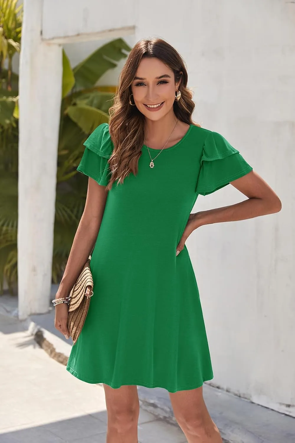 Hount Women's Summer Dresses 2025 Ruffle Sleeve Sundresses Casual Beach Mini Dresses with Pockets