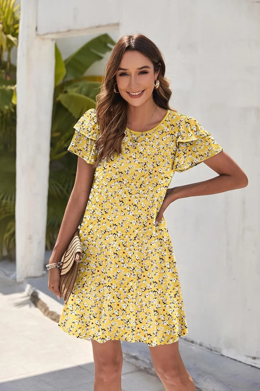 Hount Women's Summer Dresses 2025 Ruffle Sleeve Sundresses Casual Beach Mini Dresses with Pockets