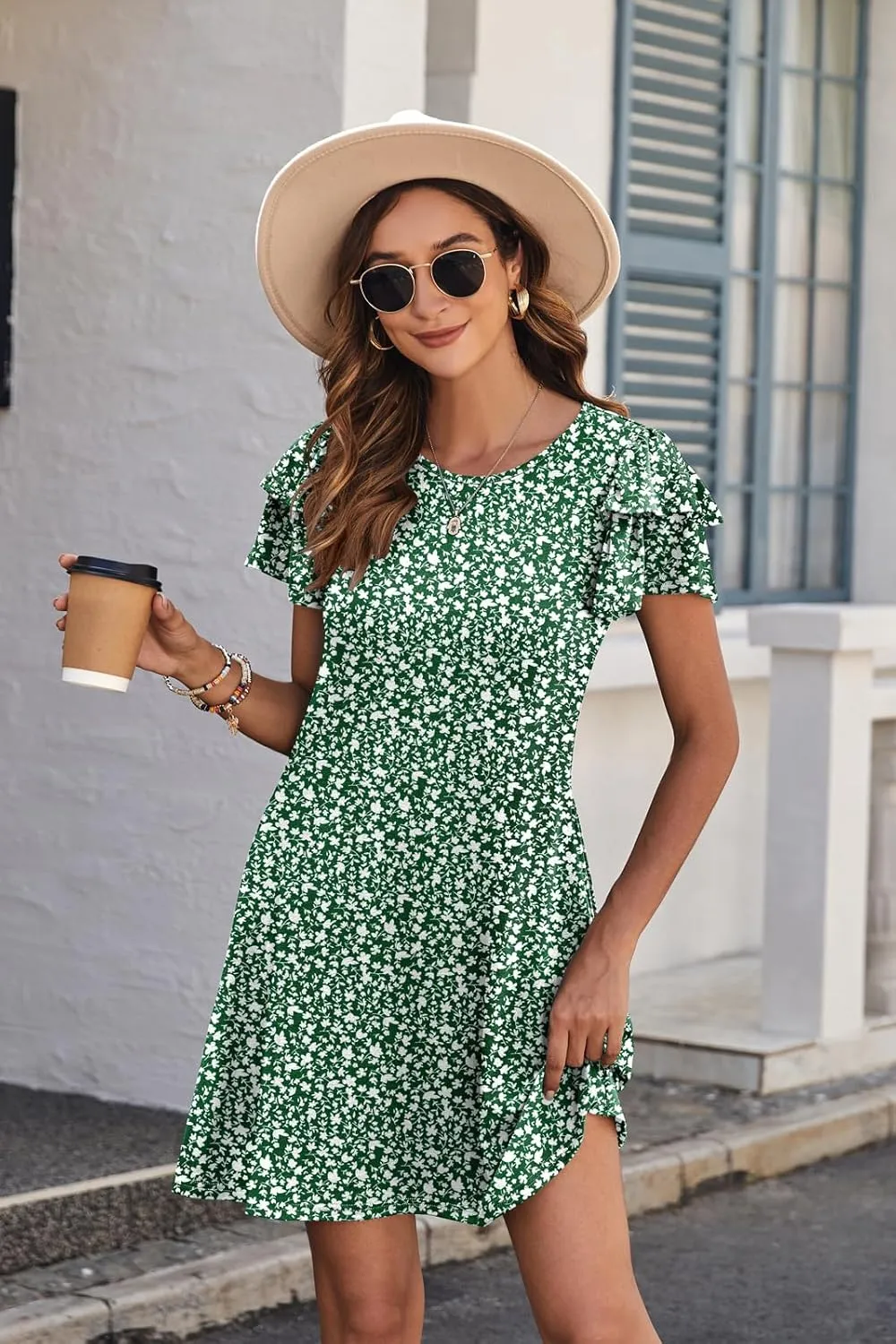 Hount Women's Summer Dresses 2025 Ruffle Sleeve Sundresses Casual Beach Mini Dresses with Pockets