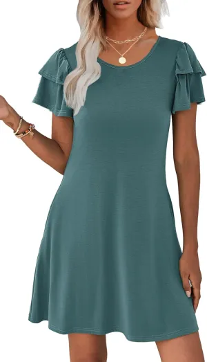 Hount Women's Summer Dresses 2025 Ruffle Sleeve Sundresses Casual Beach Mini Dresses with Pockets