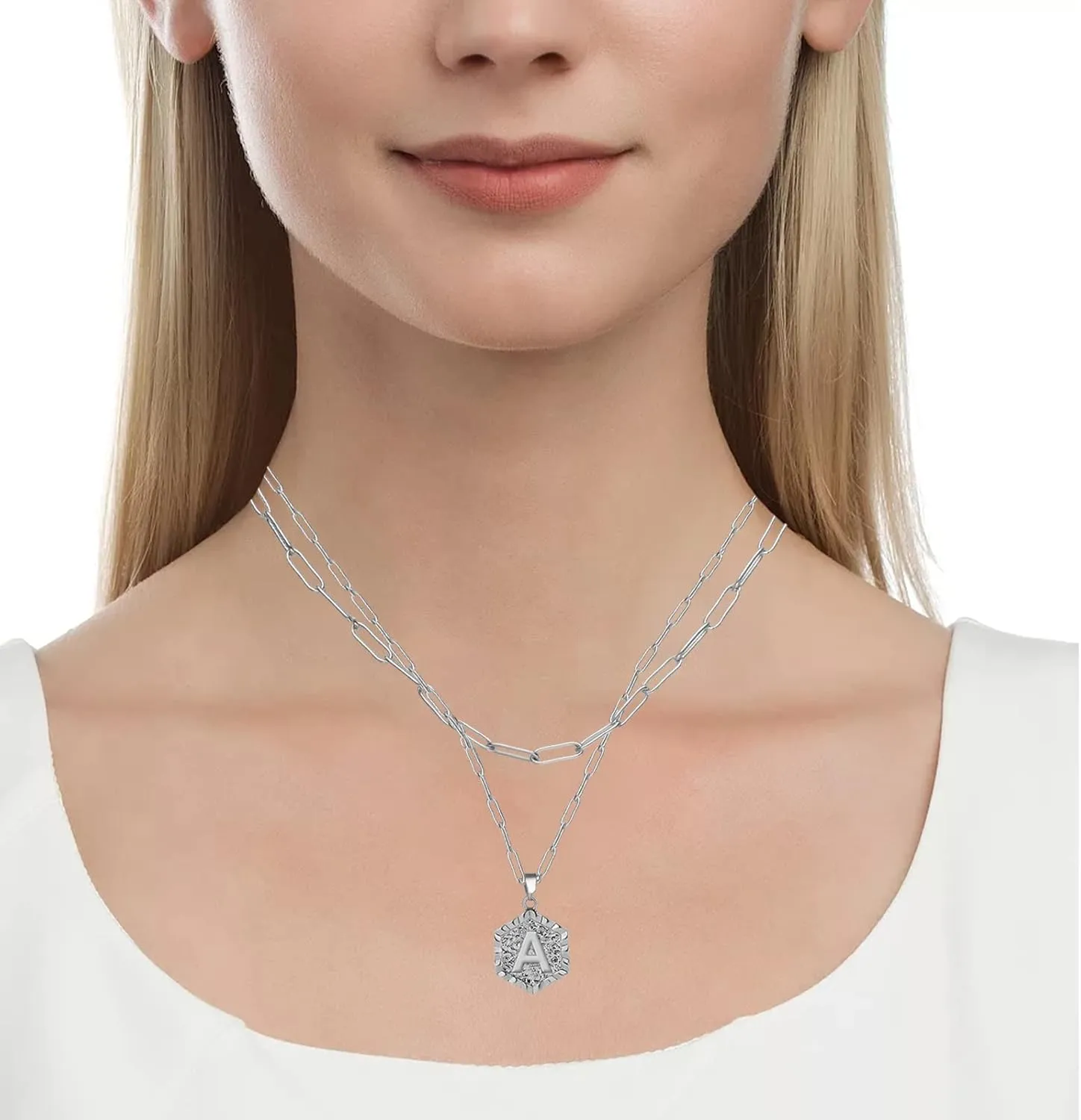 HUASAI Layered Initial Necklaces for Women Trendy Silver Letter A-Z Pendant Necklace Cute Hexagon Initial Paperclip Chain Necklace Personalized Jewelry Gifts