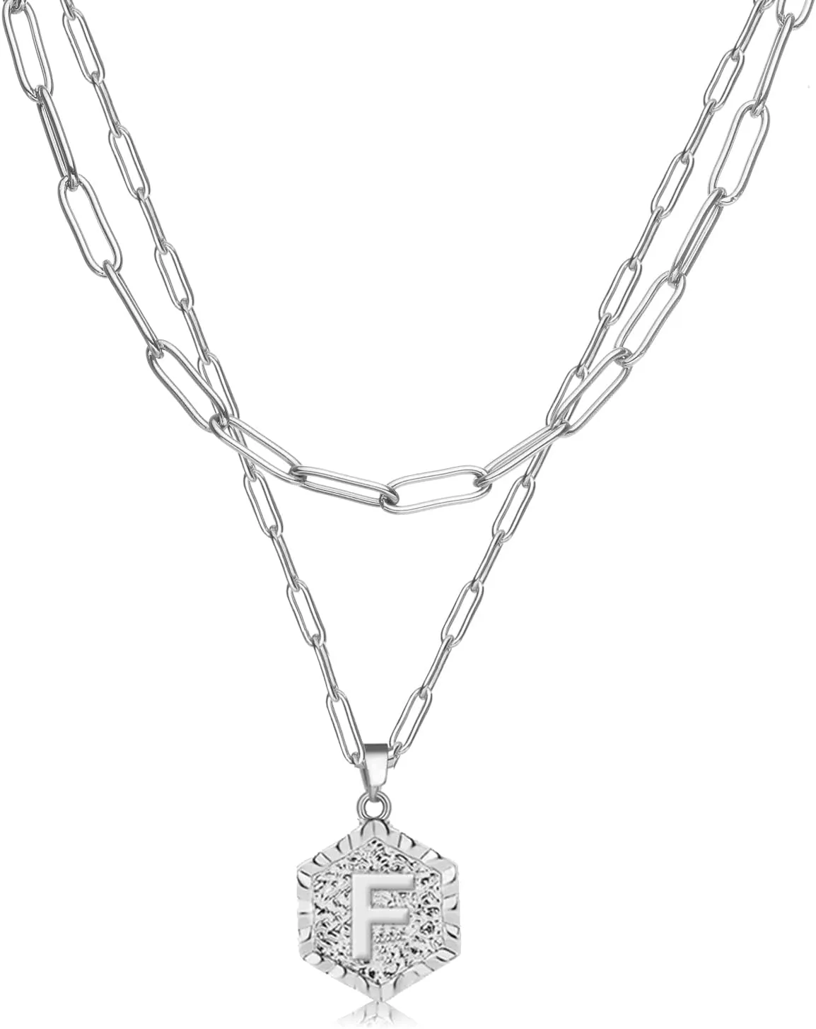 HUASAI Layered Initial Necklaces for Women Trendy Silver Letter A-Z Pendant Necklace Cute Hexagon Initial Paperclip Chain Necklace Personalized Jewelry Gifts