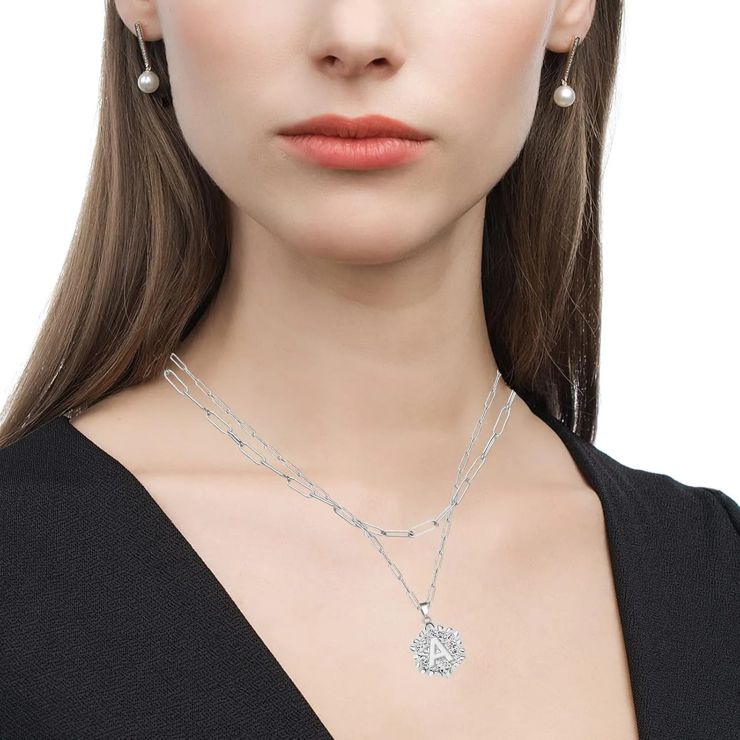HUASAI Layered Initial Necklaces for Women Trendy Silver Letter A-Z Pendant Necklace Cute Hexagon Initial Paperclip Chain Necklace Personalized Jewelry Gifts