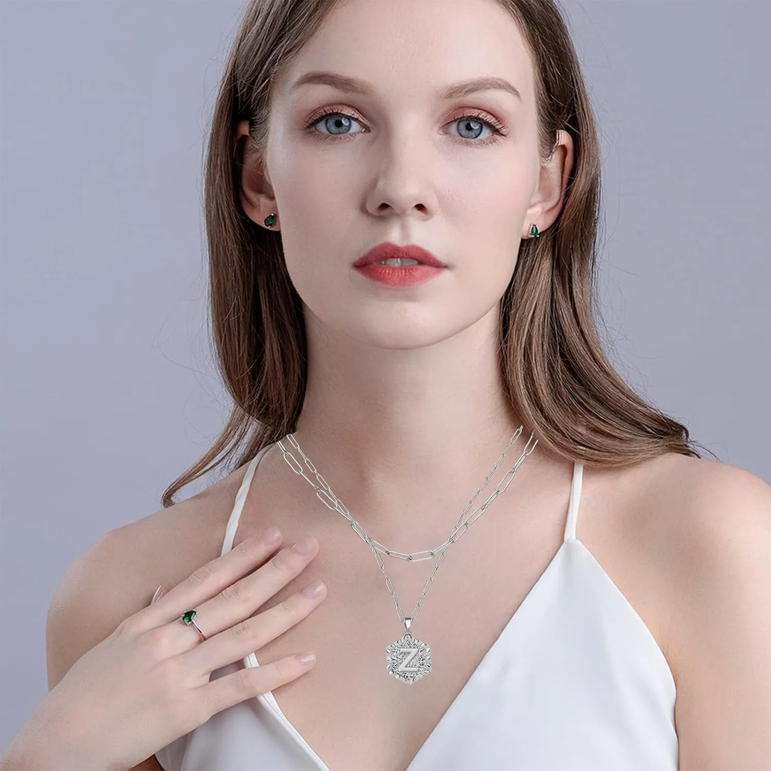 HUASAI Layered Initial Necklaces for Women Trendy Silver Letter A-Z Pendant Necklace Cute Hexagon Initial Paperclip Chain Necklace Personalized Jewelry Gifts