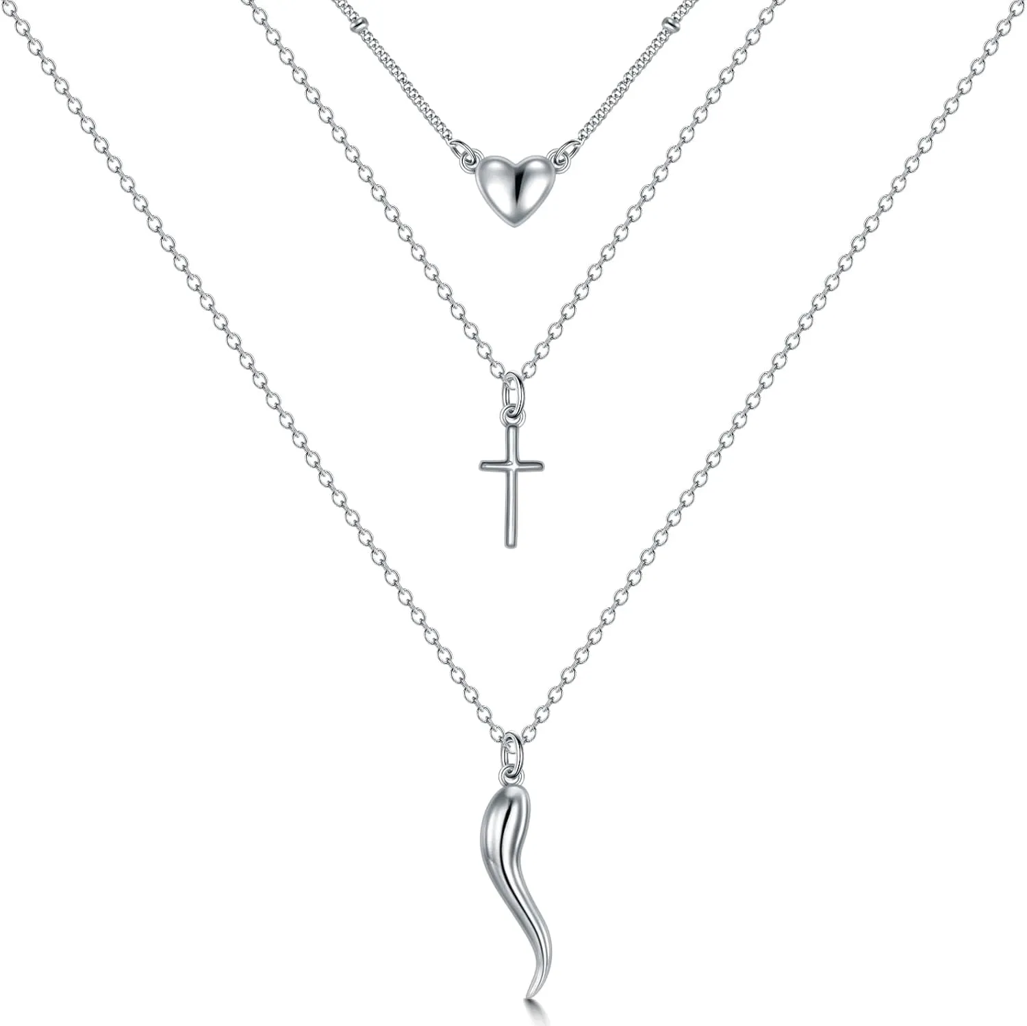 Italian Horn Layered Necklace Sterling Silver Cornicello Necklace Good Luck Italian Protection Amulet Pendant Jewelry for Women