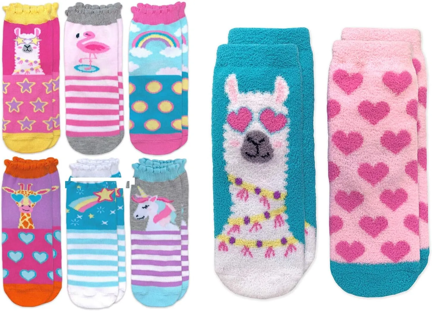 Jefferies Socks Girls Llama Heart Rainbow Fashion Pattern Slipper Crew Socks 8 Pair Pack