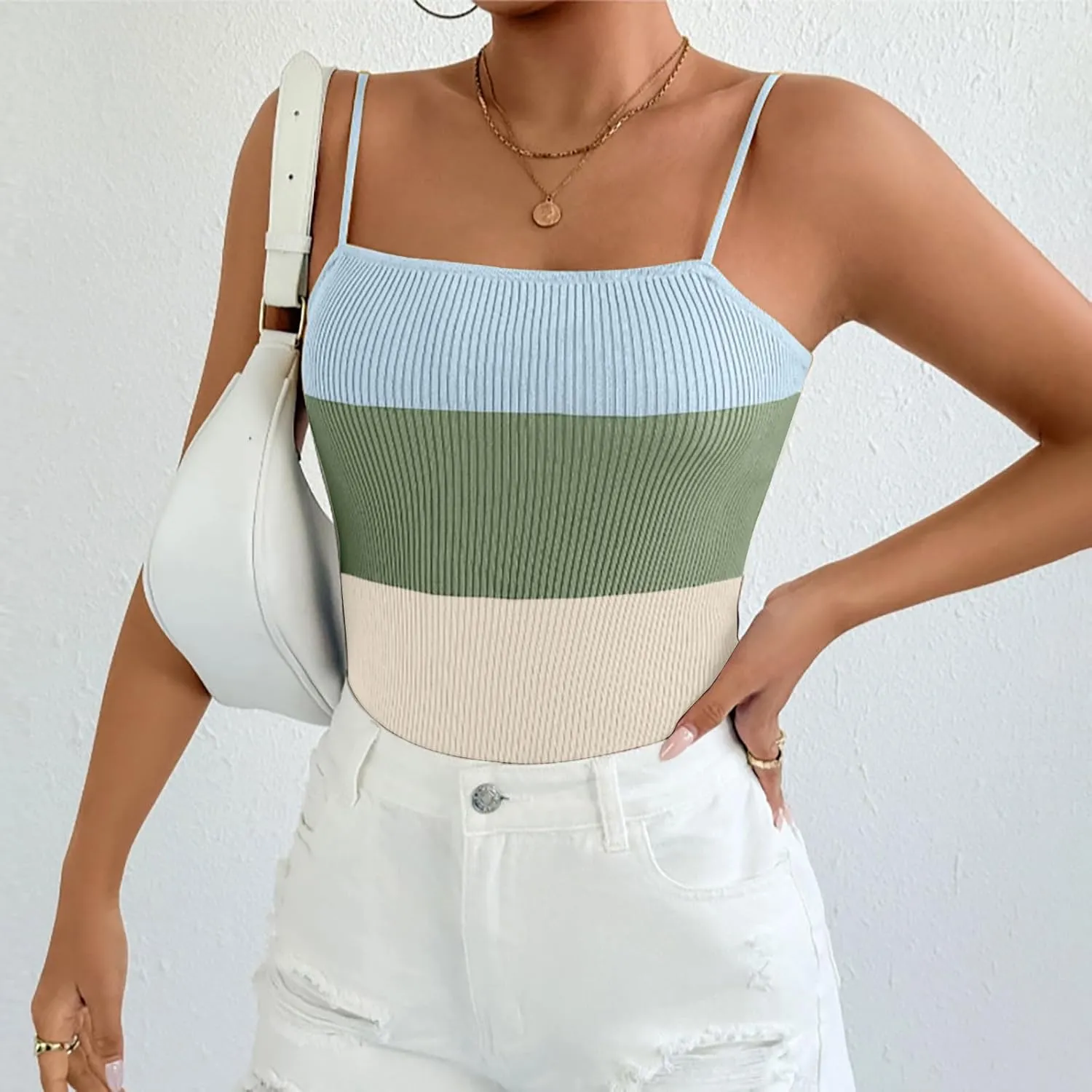 JOAU Womens Color Block Knit Camisole Tops Square Neck Ribbed Tank Top Spaghetti Straps Sleeveless Slim Summer Shirts 2025