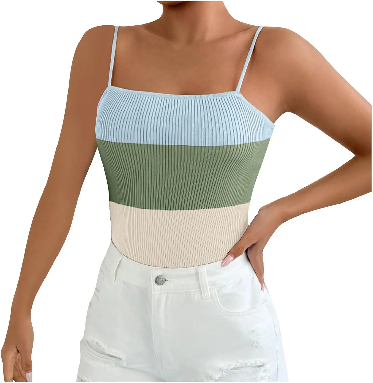 JOAU Womens Color Block Knit Camisole Tops Square Neck Ribbed Tank Top Spaghetti Straps Sleeveless Slim Summer Shirts 2025
