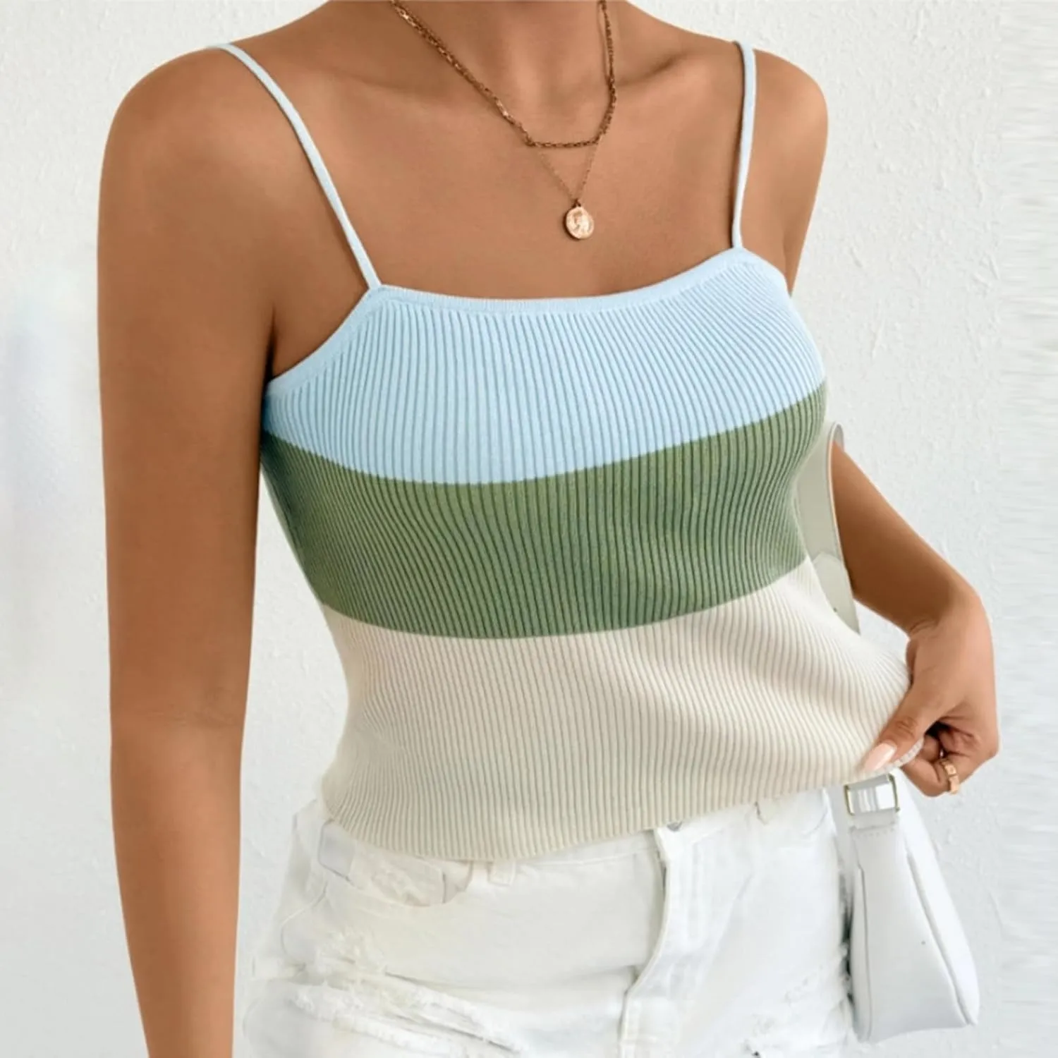 JOAU Womens Color Block Knit Camisole Tops Square Neck Ribbed Tank Top Spaghetti Straps Sleeveless Slim Summer Shirts 2025