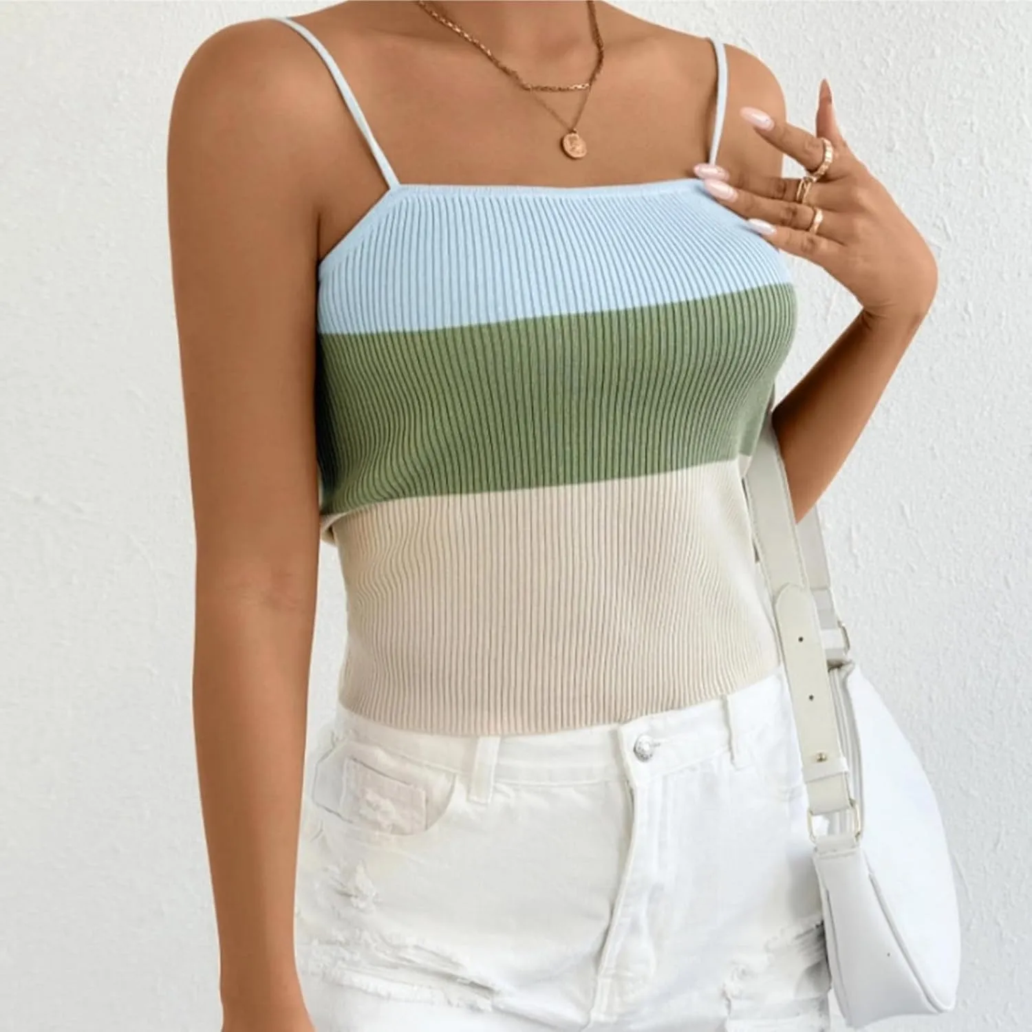JOAU Womens Color Block Knit Camisole Tops Square Neck Ribbed Tank Top Spaghetti Straps Sleeveless Slim Summer Shirts 2025
