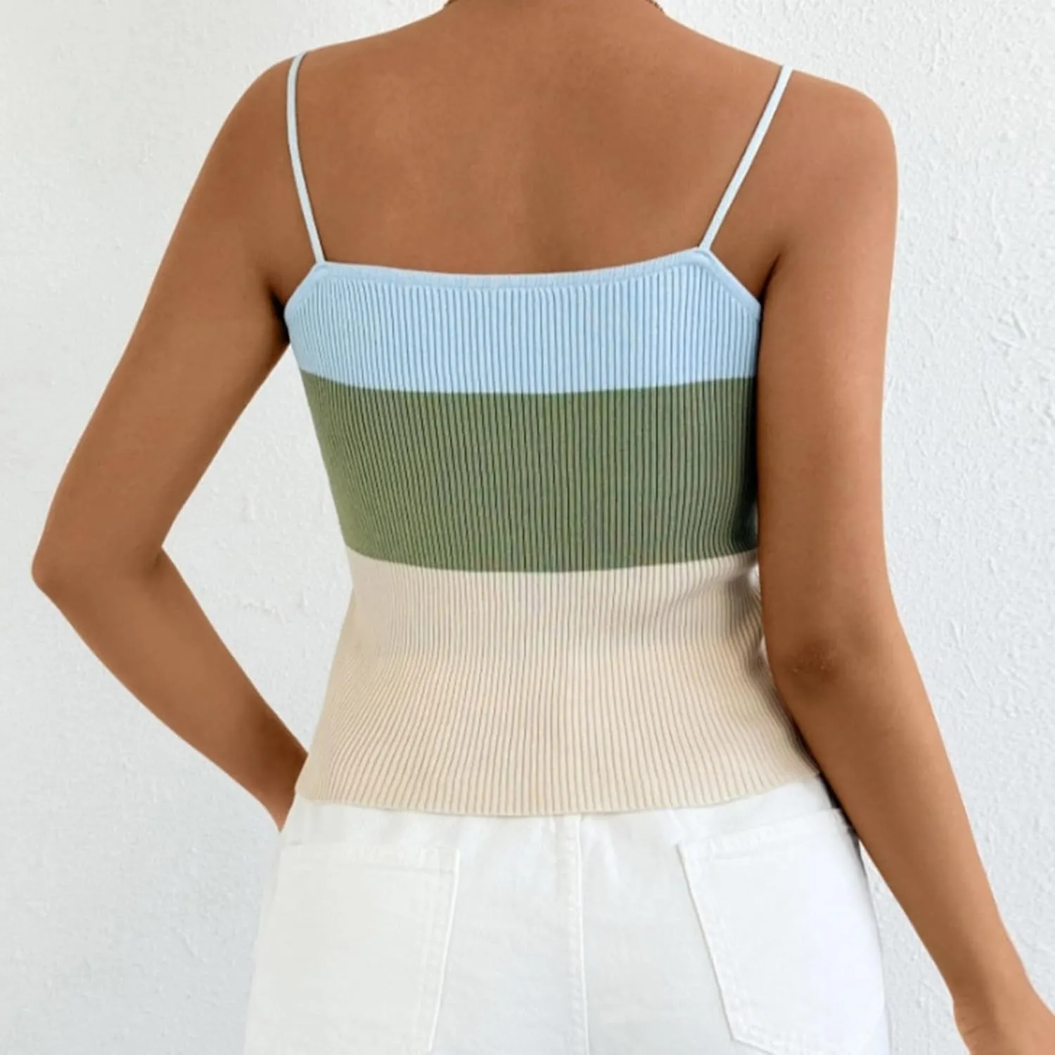 JOAU Womens Color Block Knit Camisole Tops Square Neck Ribbed Tank Top Spaghetti Straps Sleeveless Slim Summer Shirts 2025