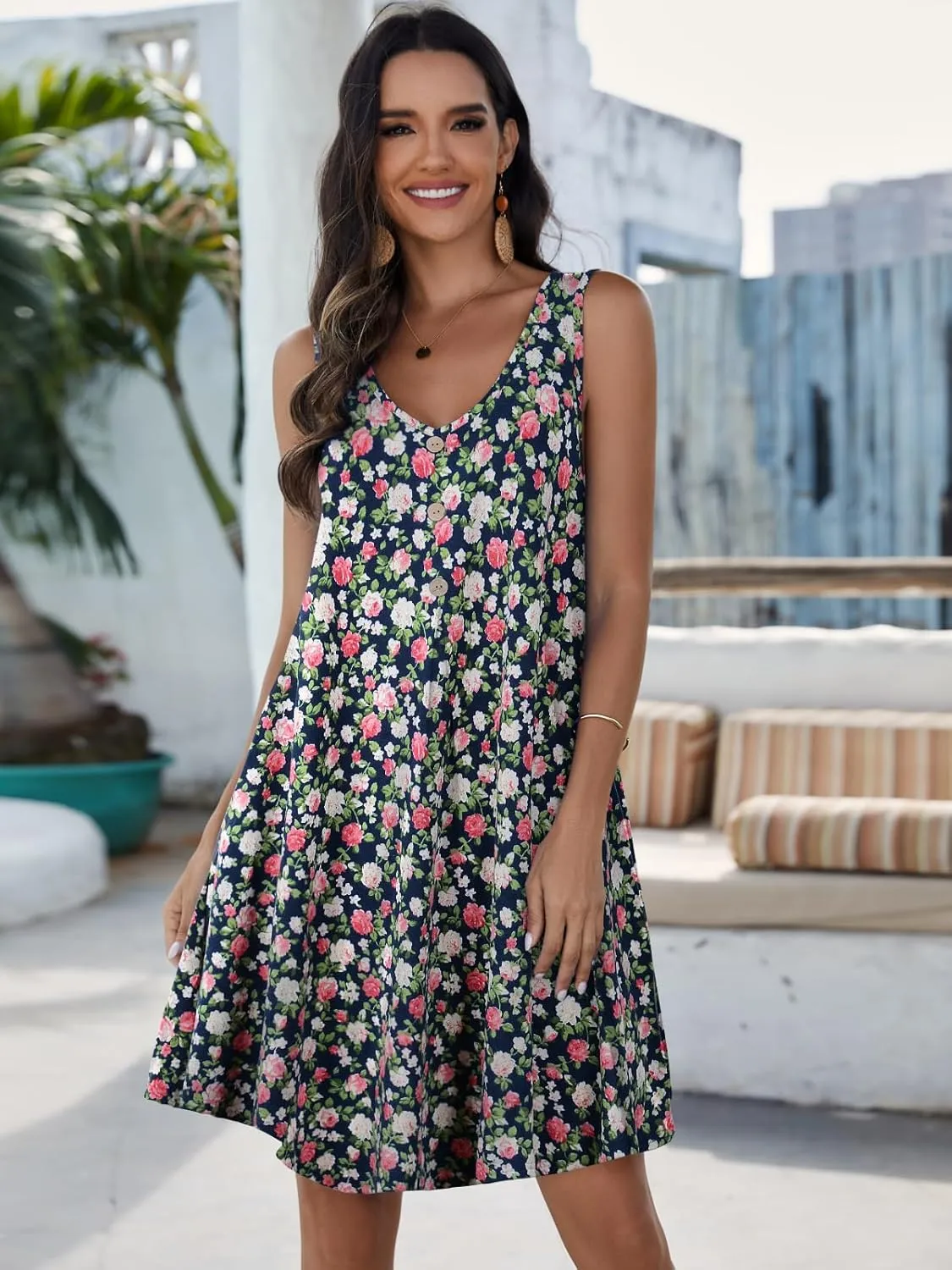 JollieLovin Women Summer Sundress Plus Size Tank Sleeveless V Neck Dress Beach Swing Loose Fit Casual